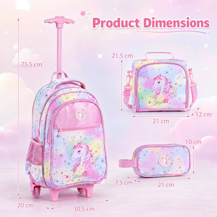 Baby Joy 3 Pieces Rolling Backpack for Kids | Wheeled Backpack with Lunch Box and Pencil Case