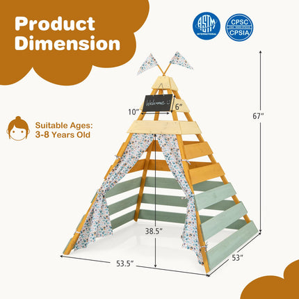 Costzon Kids Tent, Wooden Indoor Outdoor Triangle Hideaway Playhouse with Machine Washable Flags