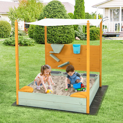 Costzon Kids Sandbox with Sand Wall, Wooden Sandpit w/Removable Canopy, Water Bucket