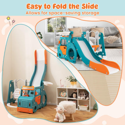 Costzon 6 in 1 Toddler Slide and Swing Set, Mini Bus Indoor Outdoor Baby Swing with Basketball Hoop