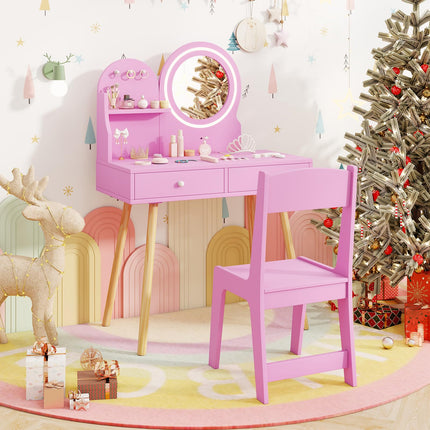 Costzon Kids Vanity, Girls Vanity Set with Mirror and Stool and Lights