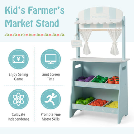 Costzon Kids Wooden Grocery Store Set, Pretend Farmer’s Market Stand w/ 36 Cutting Vegetables & Fruits