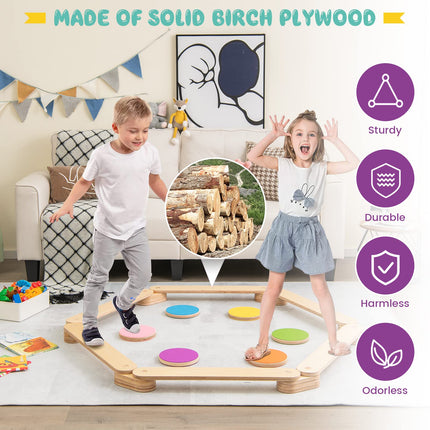 Costzon Montessori Wooden Balance Beam Step Stones, 12-pcs Kids Gymnastics Obstacle Course Balance Board Playset
