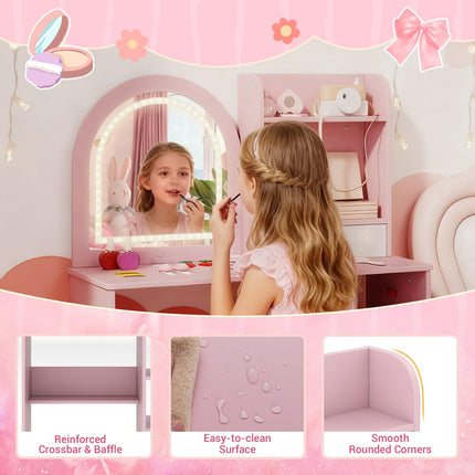 Costzon Wooden Kids Vanity Table and Chair Set with Mirror Hooks & Open Shelves