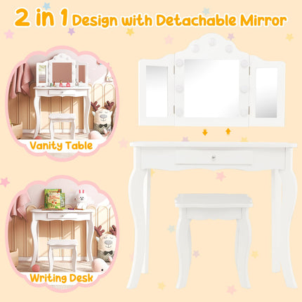 Costzon Kids Vanity Table and Chair Set, Girls Vanity Set with Mirror and Stool, Storage Drawer, Wooden Princess Makeup Dressing Table