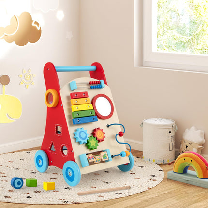 BABY JOY Wooden Baby Walker Sit to Stand Baby Push Walker with Wheels & Storage Space