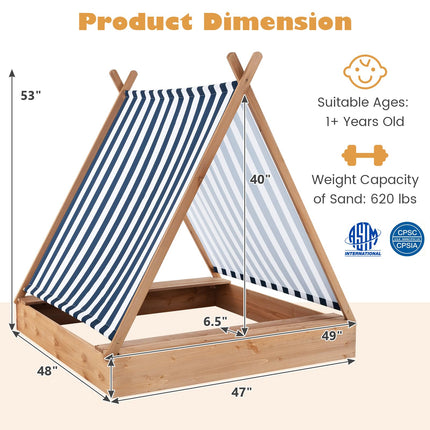 Costzon Kids Sandbox with Canopy, 49" x 48" Large Wooden Sand Box w/ 2 Bench Seats