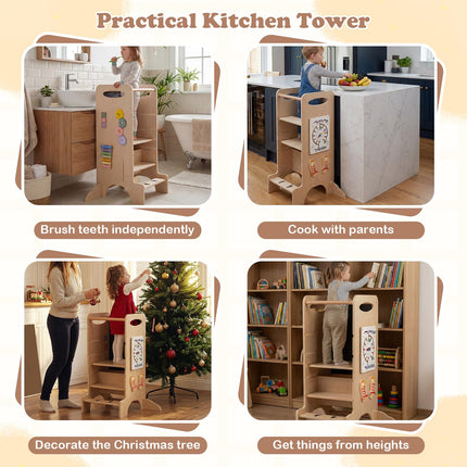 Costzon Wooden Kids Step Stool w/Detachable Chalkboard & Montessori Games