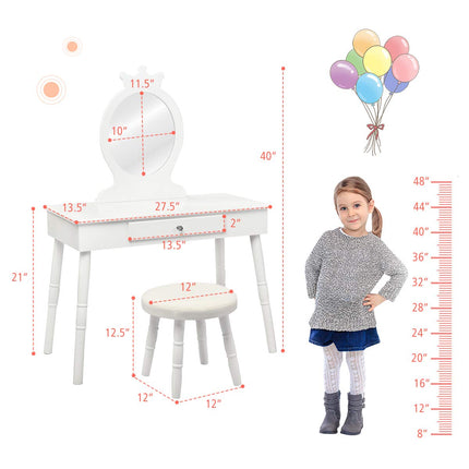Costzon Kids Vanity Set, Wooden Princess Makeup Table with Cushioned Stool