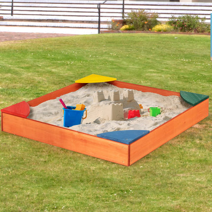 Costzon Kids Wooden Sandbox Wood Cedar Square Sand Box with 4 Colorful Built-in Corner Seating