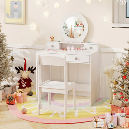 Costzon Kids Vanity, Princess Makeup Dressing Desk with Mirror and Stool, 4 Storage Drawers