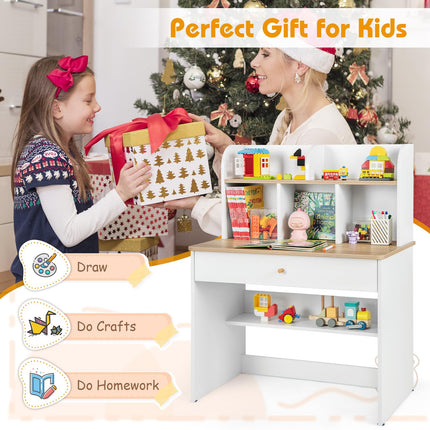 Costzon Kids Desk, Wooden Childrens Study Desk with Hutch, Drawer, Storage Shelf