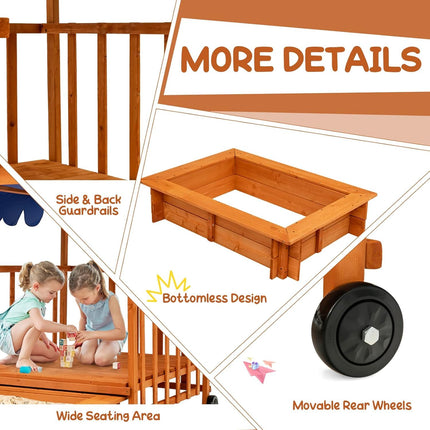 Costzon Kids Retractable Sandbox with Canopy, Wooden Cedar Cabana Playhouse w/Large Play Area