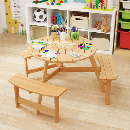 Costzon 6 Person Kids Picnic Table, Fir Wood Round Picnic Table with 3 Built-in Benches