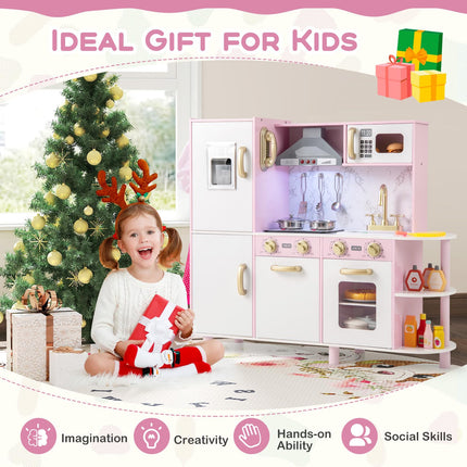 Costzon Kids Kitchen Playset, Wooden Pretend Play Kitchen with Ice Maker, Telephone, Range Hood