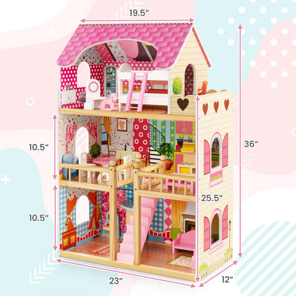 Costzon Dollhouse, Toy Family House with 15 pcs Furniture, DIY Pretend Doll House
