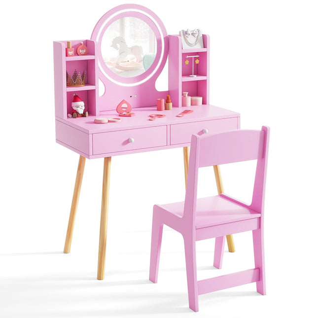 Costzon Kids Vanity, Girls Vanity Set with Mirror and Stool and Lights, Drawers, Storage Shelves