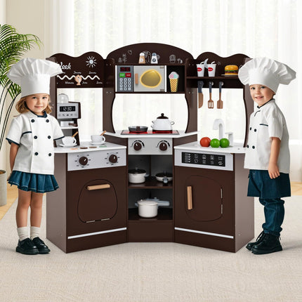 Costzon Corner Play Kitchen, Wooden Kids Kitchen Playset with Lights & Sound