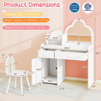 Costzon Kids Vanity, 2 in 1 Girls Vanity Set with Mirror