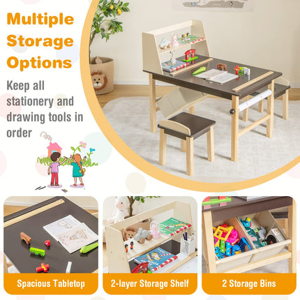 Costzon 2 in 1 Children’s Wooden Easel Table Set with 2-Tier Shelves