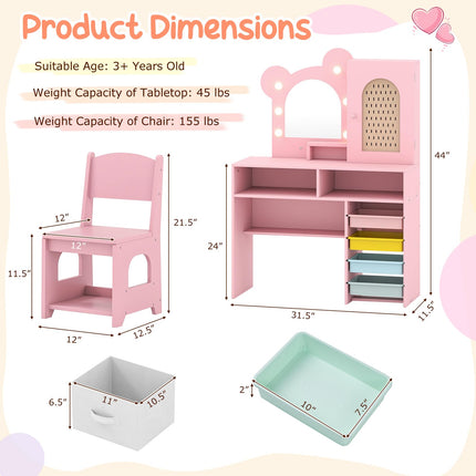 Costzon Girls Vanity Set Wooden Vanity Table and Chair Set