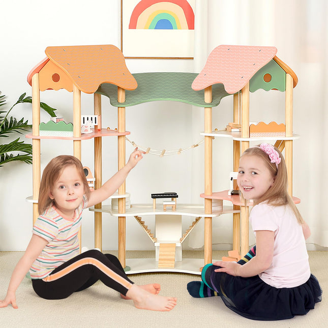 Costzon Wooden Dollhouse for Kids, 3-Story Luxury Doll House with 32 Pieces Furniture Accessories
