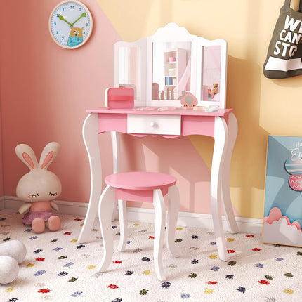 Costzon Kids Vanity Table and Chair Set, Girls Vanity Set with Mirror and Stool, Storage Drawer