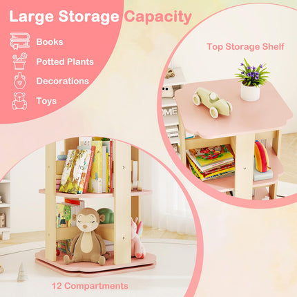 Costzon Kids Rotating Bookshelf 360° Spinning 3-Tier Corner Bookshelf(Pink classic)