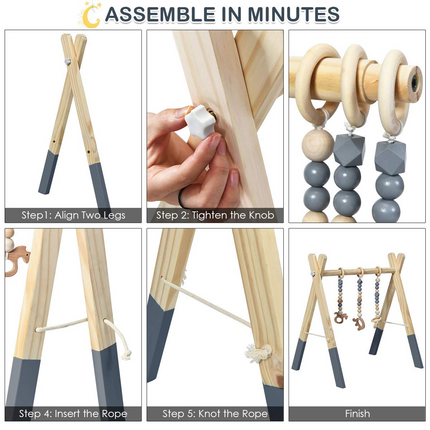 BABY JOY Portable Wooden Baby Gym, Foldable Baby Play Gym Frame, Baby Exercise Activity Gym Hanging Bar