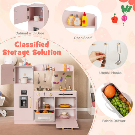 Costzon Kids Kitchen Playset, Wooden Pretend Play Kitchen with Lights and Sounds, Microwave