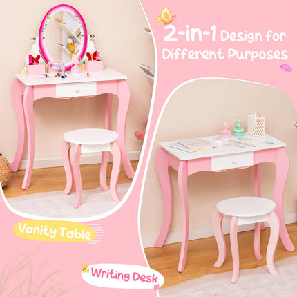 Costzon Kids Vanity, Girls Vanity Set with Mirror and Stool, Drawer, Storage Grids