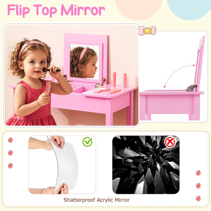 Costzon Kids Vanity, 2 in 1 Girls Vanity Set with Flip Top Mirror, Hidden Storage Space