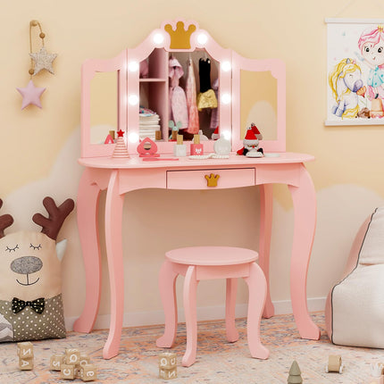 Costzon Kids Vanity with Lights, Girls Vanity Set with Mirror and Stool, Drawer, 2 in 1 Princess Makeup Desk Dressing Table
