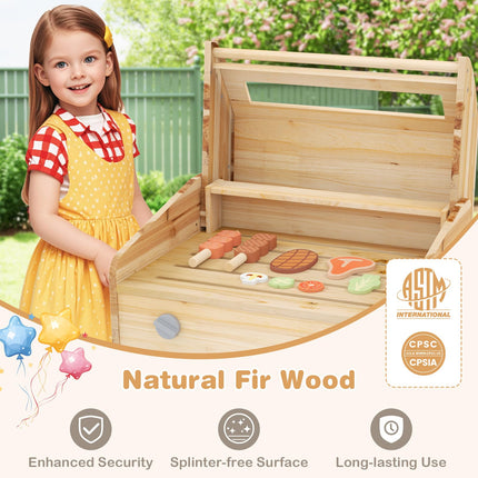 Costzon Kids Grill Playset with Wheels, Wooden Kids BBQ Grill Playset with Play Food（With Wheels）