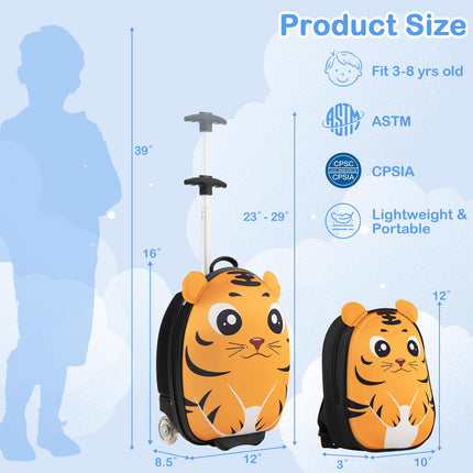 BABY JOY 2 Pcs Kids Luggage Set, 16" Kids Rolling Suitcase w/ 12" Backpack