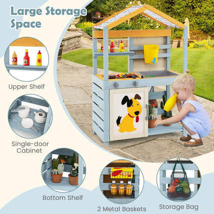 Costzon Mud Kitchen, 3-in-1 Double-Sided Kids Kitchen, BBQ Grill & Grocery Playset with Sink, Faucet