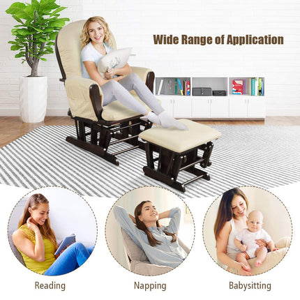 Costzon Nursery Glider with Ottoman, Upholstered Comfort Glider Rocker with Padded Cushion (Beige)