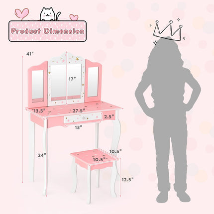 Costzon Kids Vanity & Jewelry Armoire Cabinet, Kids Makeup Vanity Table and Chair Set