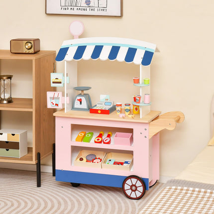 Costzon Wooden Grocery Cart, Kids Pretend Role Play Market Stand with Play Food