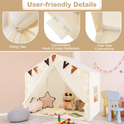 Costzon Kids Tent, Large Toddler Play Tent w/Fabric Screen Curtains, Star Lights, Plaid Pennants, 57.5" x 38" x 52.5"