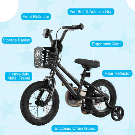 BABY JOY Starry Kids Bike, 12 14 16 18 Inch Bicycle with Training Wheels, Storage Basket