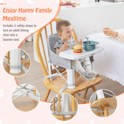 BABY JOY Travel Booster Seat with Double Tray, Folding Portable High Chair Booster Seat for Dining Table