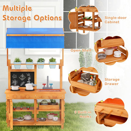 Costzon Mud Kitchen, Fir Wood Kids Kitchen Playset with Adjustable Canopy