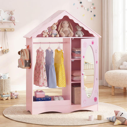 Costzon Kids Dress Up Storage with Mirror Roofed Wardrobe Closet