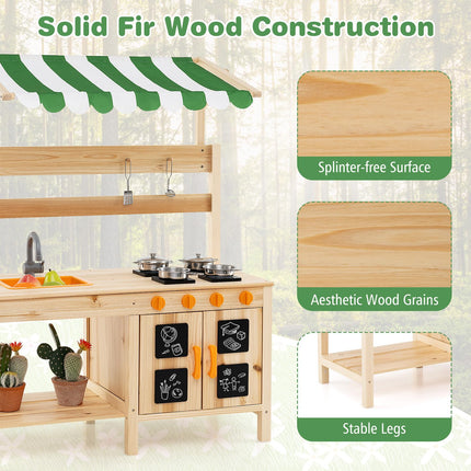 Costzon Mud Kitchen with Canopy, Fir Wood Kids Kitchen Playset with 4 Stoves, Outdoor Play Kitchen for Kids Toddlers, Gift for Boys Girls Ages 3+