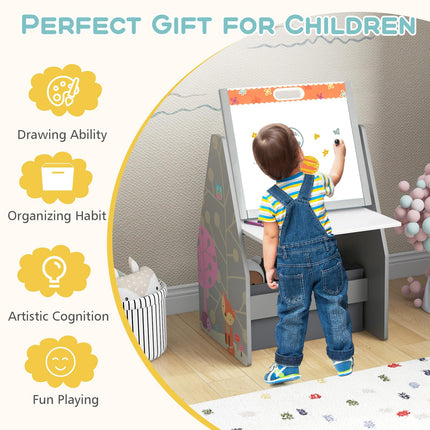Costzon 3 in 1 Kids Easel with Chair, Wooden Art Table with Adjustable Double-Sided Magnetic Whiteboard & Blackboard