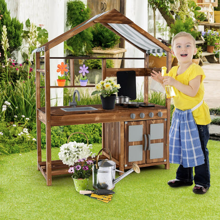 Costzon Mud Kitchen, Outdoor Play Kitchen with Canopy, Wooden Kids Kitchen Playset, Mud Kitchen for Kids Outdoor