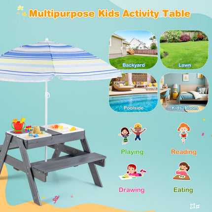 Costzon Kids Picnic Table, 4 in 1 Sand & Water Table w/Adjustable Umbrella