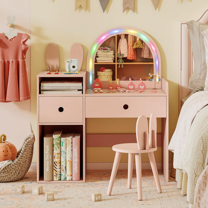 Costzon Girls Vanity Set with Mirror and Stool and Lights