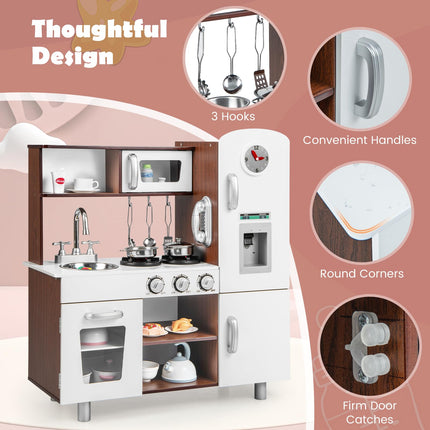 Costzon Kitchen Playset for Kids, Wooden Pretend Cooking Kitchen, Toddlers Play Kitchen Set with Accessories